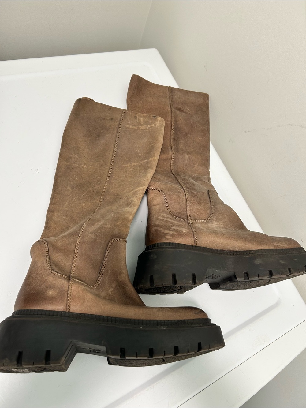 Zara Flat Knee High Leather Boots Chunky Track Sole Brown Size 6 US 36 EU